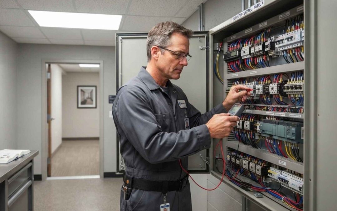 Tecnico verifica il quadro elettrico per il consumo ascensore in un condominio